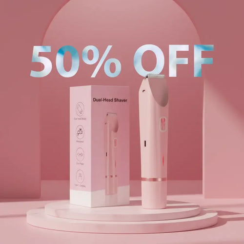 Pink dual-head electric shaver and box on display, 50% off promo, pastel background