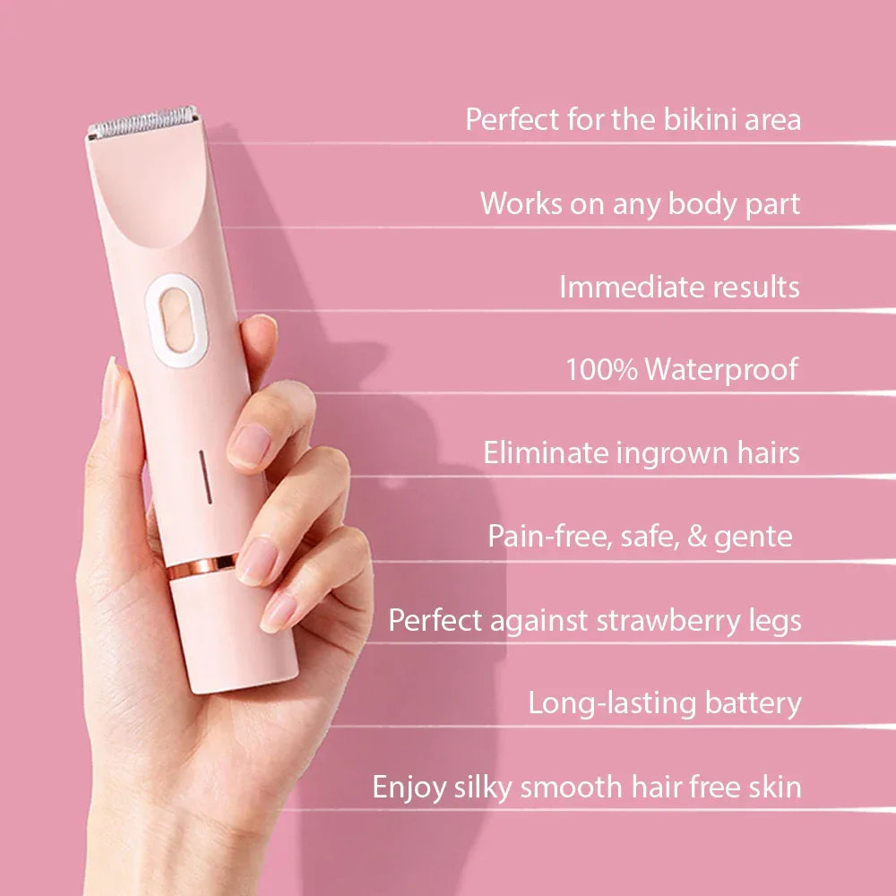 Hand holding a pink waterproof electric trimmer for bikini area with hair removal benefits listed.